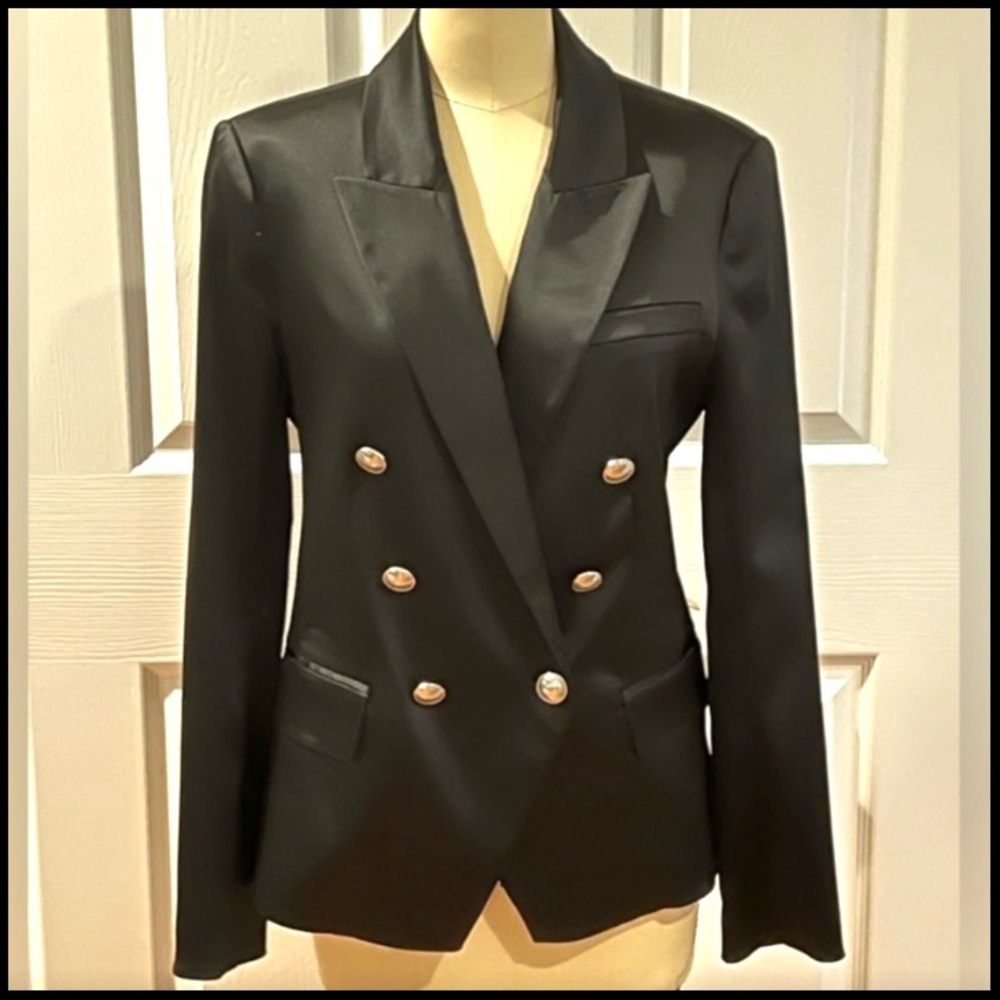 L’AGENCE Double Breasted Blazer in Black Satin